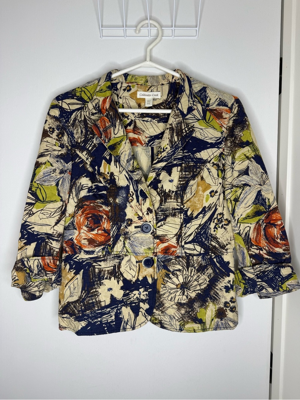 Coldwater Creek Cotton Navy Floral Blazer with Cream, Olive & Rust Accents P10